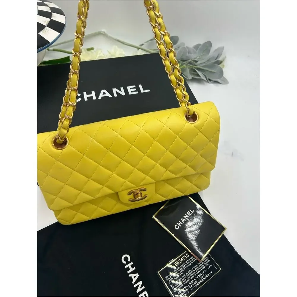 Women's Chanel Classic Quilted double Flap Bag in Yellow with Gold Hardware